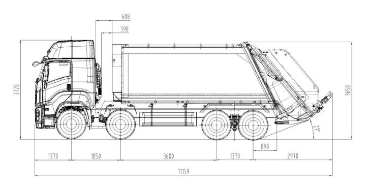 Technical drawing of howo 8x4 35cbm garbage compactor truck